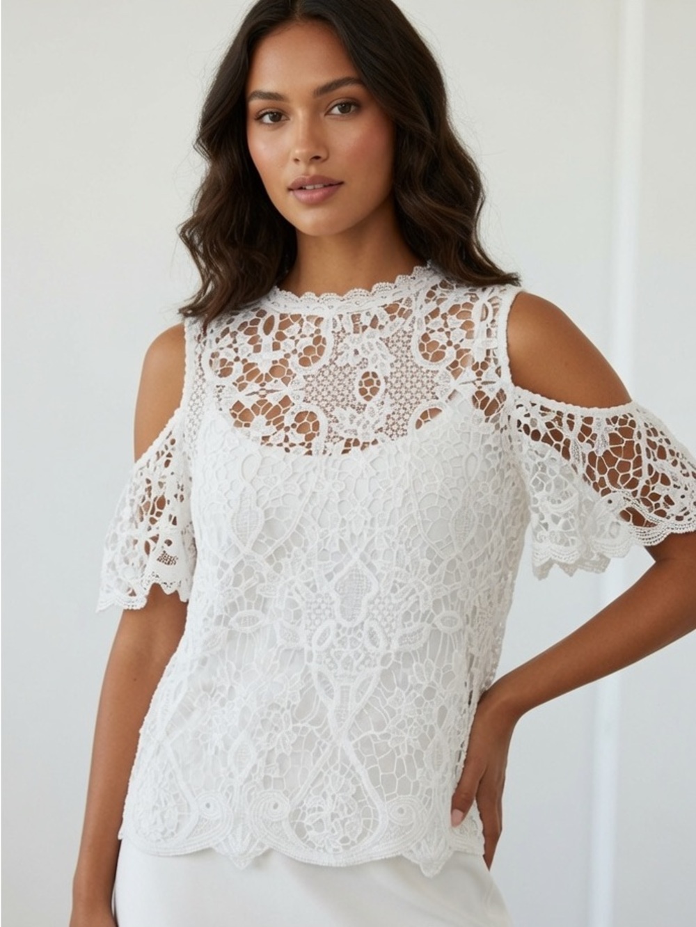 Ultra Pink White Lace Crochet Cold-Shoulder Blouse Short Sleeve SZ XL
